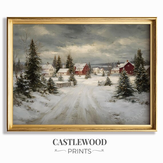 Snowy Village With Red Barns Rustic Winter Landscape Art Poster