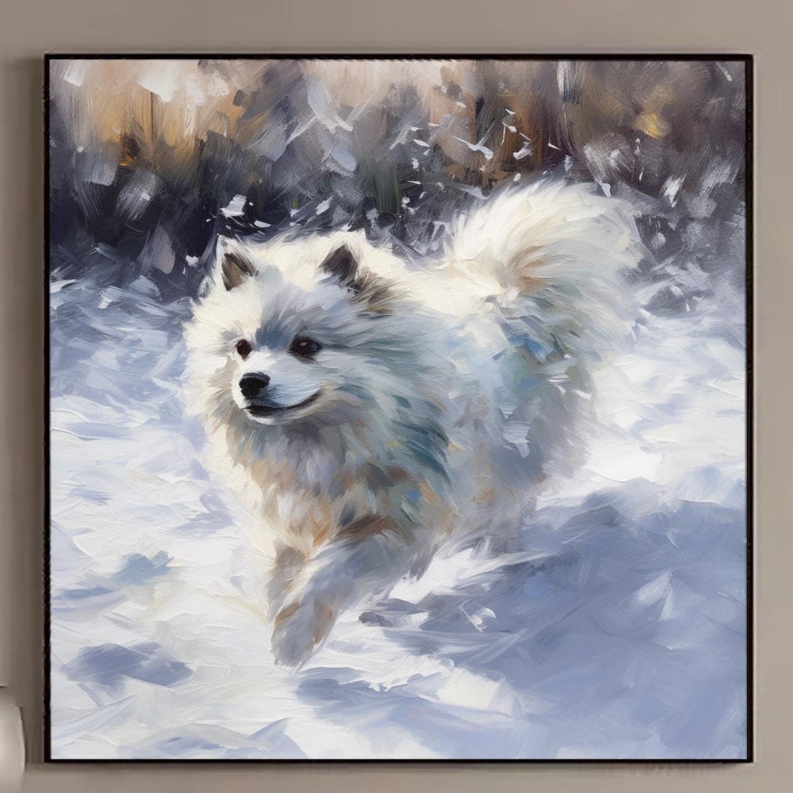White Fluffy Dog Running Through Snow Winter Oil Painting Art Poster - Image 4