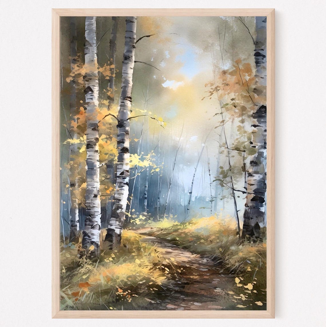 Golden Autumn Birch Woods Sunlit Forest Path Watercolor Poster