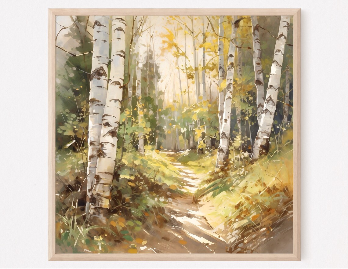 Birch Forest Path Golden Autumn Light Watercolor Nature Art Poster