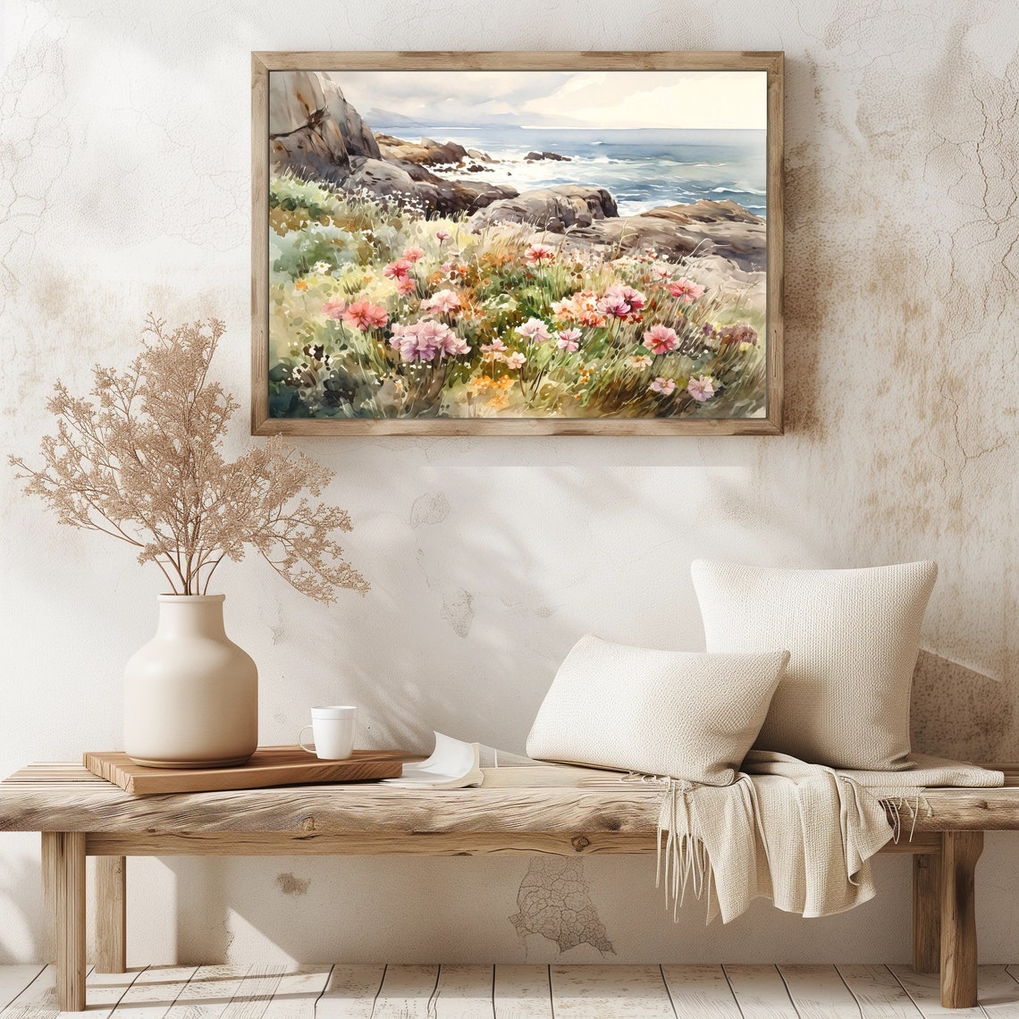 Pink Wildflowers Blooming Over Rocky Sea Cliff Watercolor Poster - Image 2