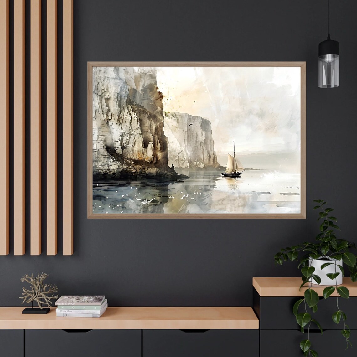 White Chalk Cliffs Sailboat Calm Sea Watercolor Coastal Poster - Image 5