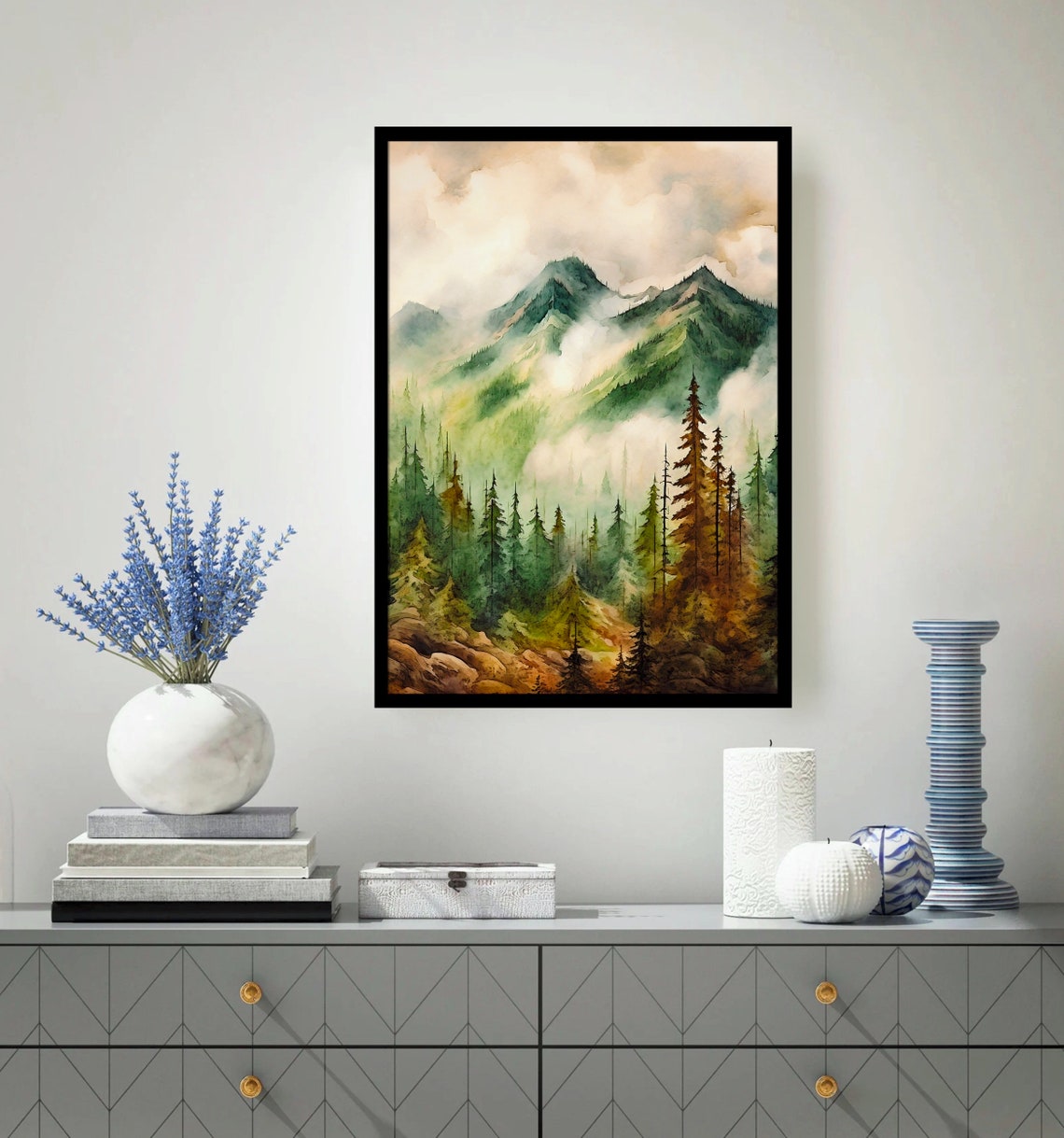 Misty Green Mountain Valley Pine Forest Sunrise Watercolor Poster - Image 5