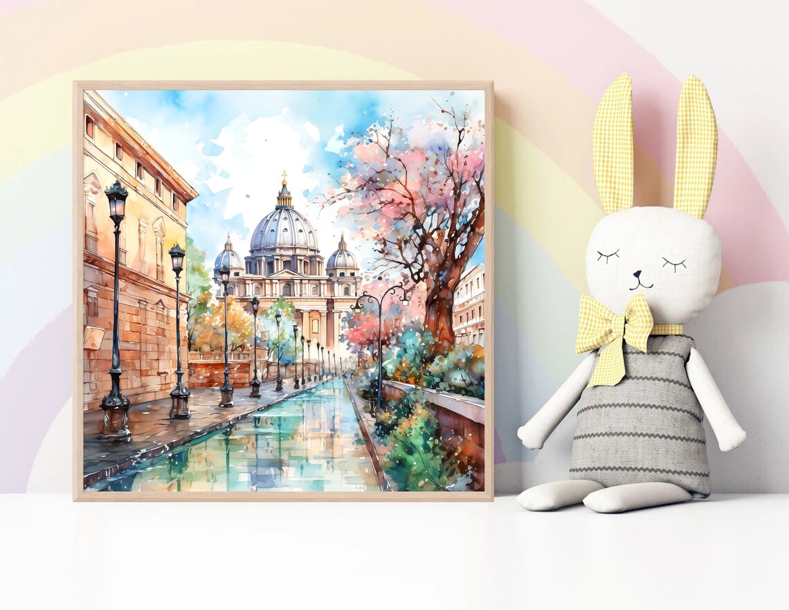Vatican City St Peters Basilica Street Watercolor Italy Poster - Image 3