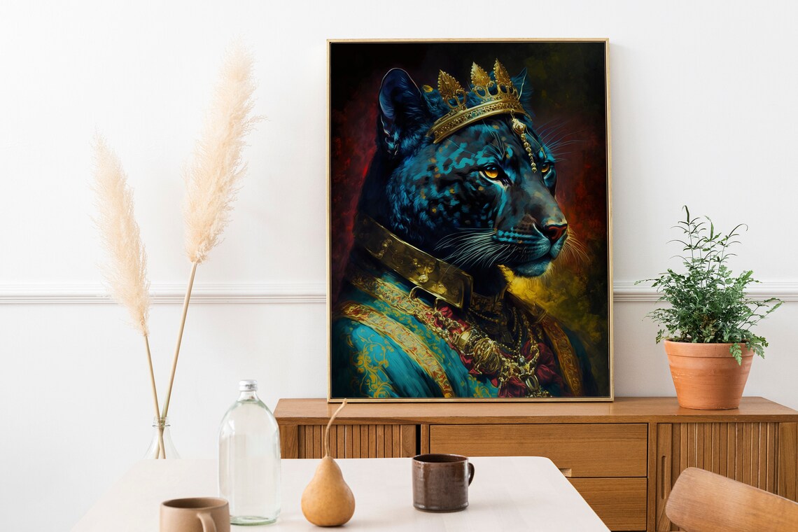 King Panther Royal Portrait Golden Crown Regal Jungle Wall Art