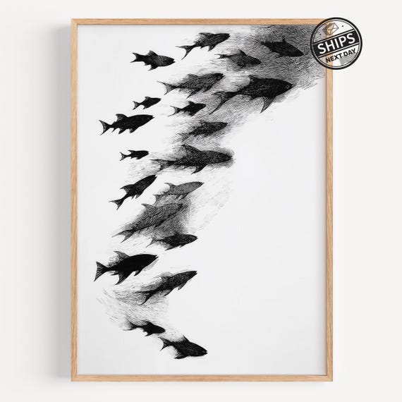 Monochrome Fish Art Print Minimalist Black And White Ocean Life Illustration Modern Coastal Wall For Home Or Office