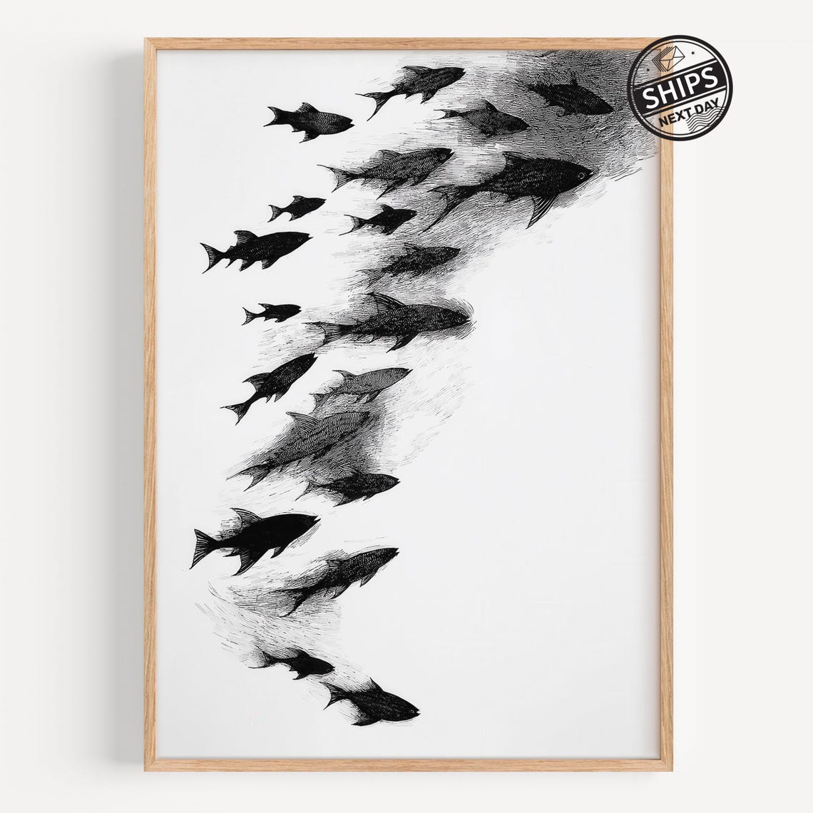 Monochrome School of Fish Black and White Ocean Minimalist Poster