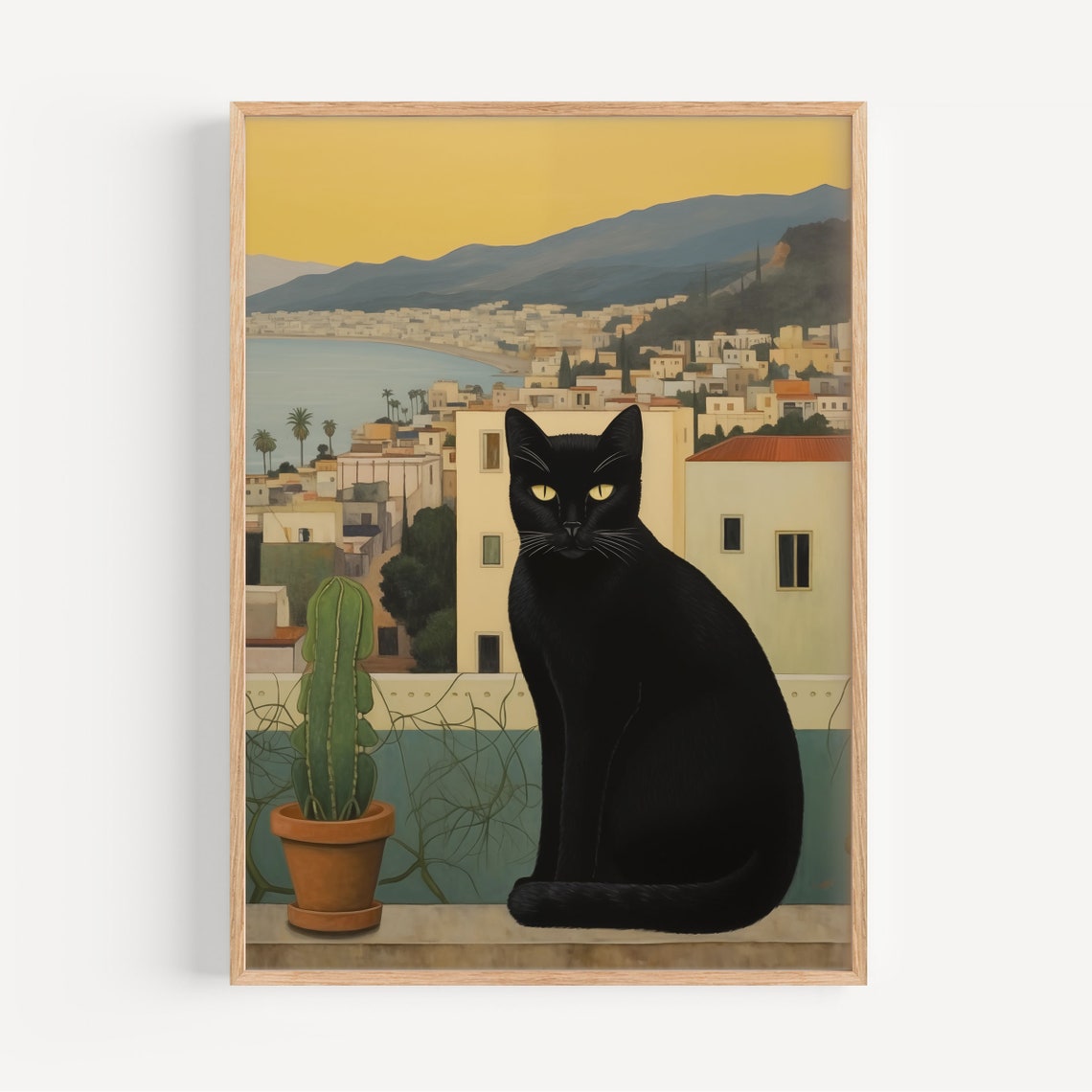 Black Cat Overlooking Mediterranean Coastal Town Sunset Art Print