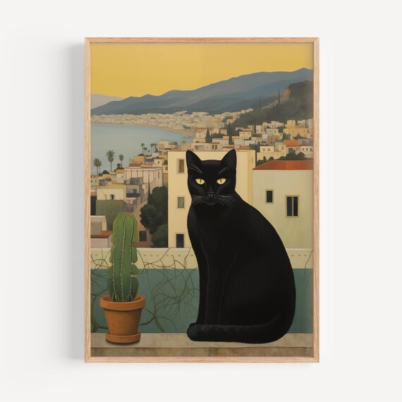 Black Cat Overlooking Mediterranean Coastal Town Sunset Art Print