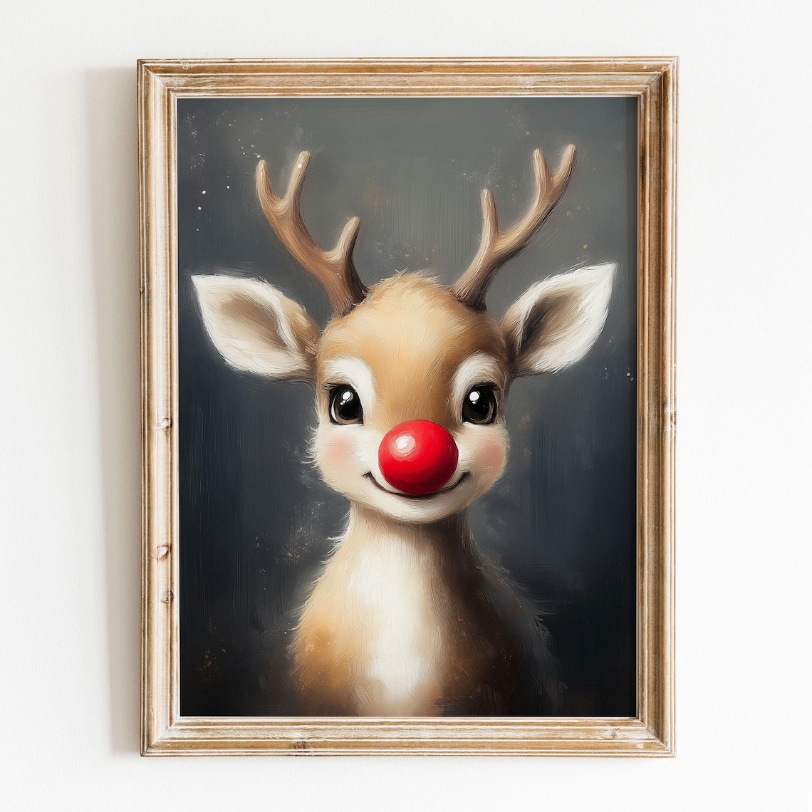 Cute Reindeer Red Nose Christmas Nursery Animal Painting Art Poster