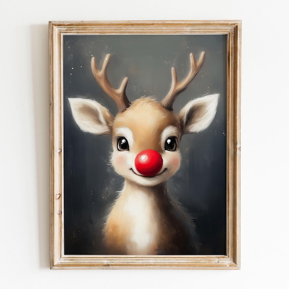 Cute Reindeer Red Nose Christmas Nursery Animal Painting Art Poster