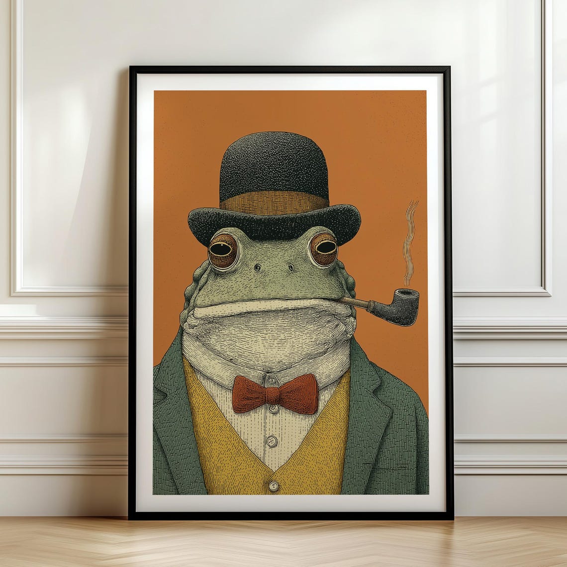 Gentleman Frog in Bowler Hat and Bow Tie Smoking Pipe Poster