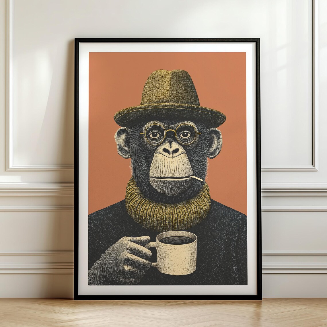 Dapper Chimpanzee Coffee Fedora Glasses Whimsical Animal Portrait Poster