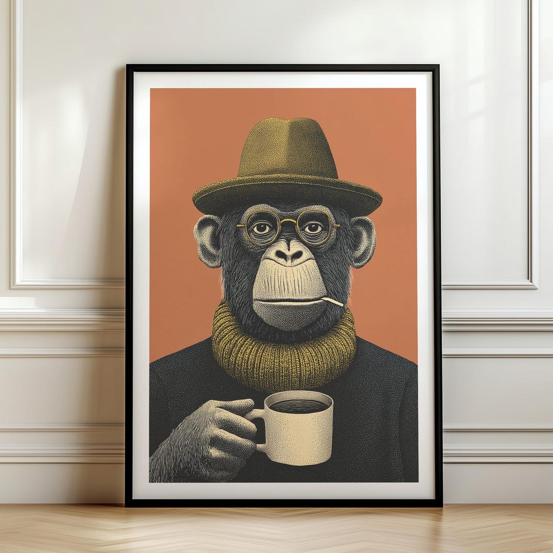 Dapper Chimpanzee With Coffee Poster Retro Animal Wall Art Print