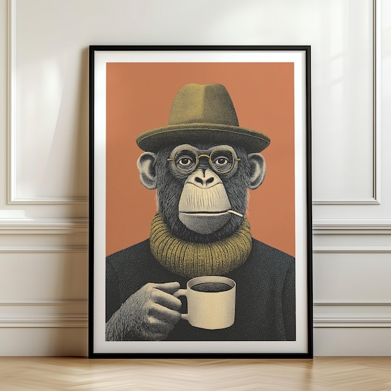 Dapper Chimpanzee Coffee Fedora Glasses Whimsical Animal Portrait Poster