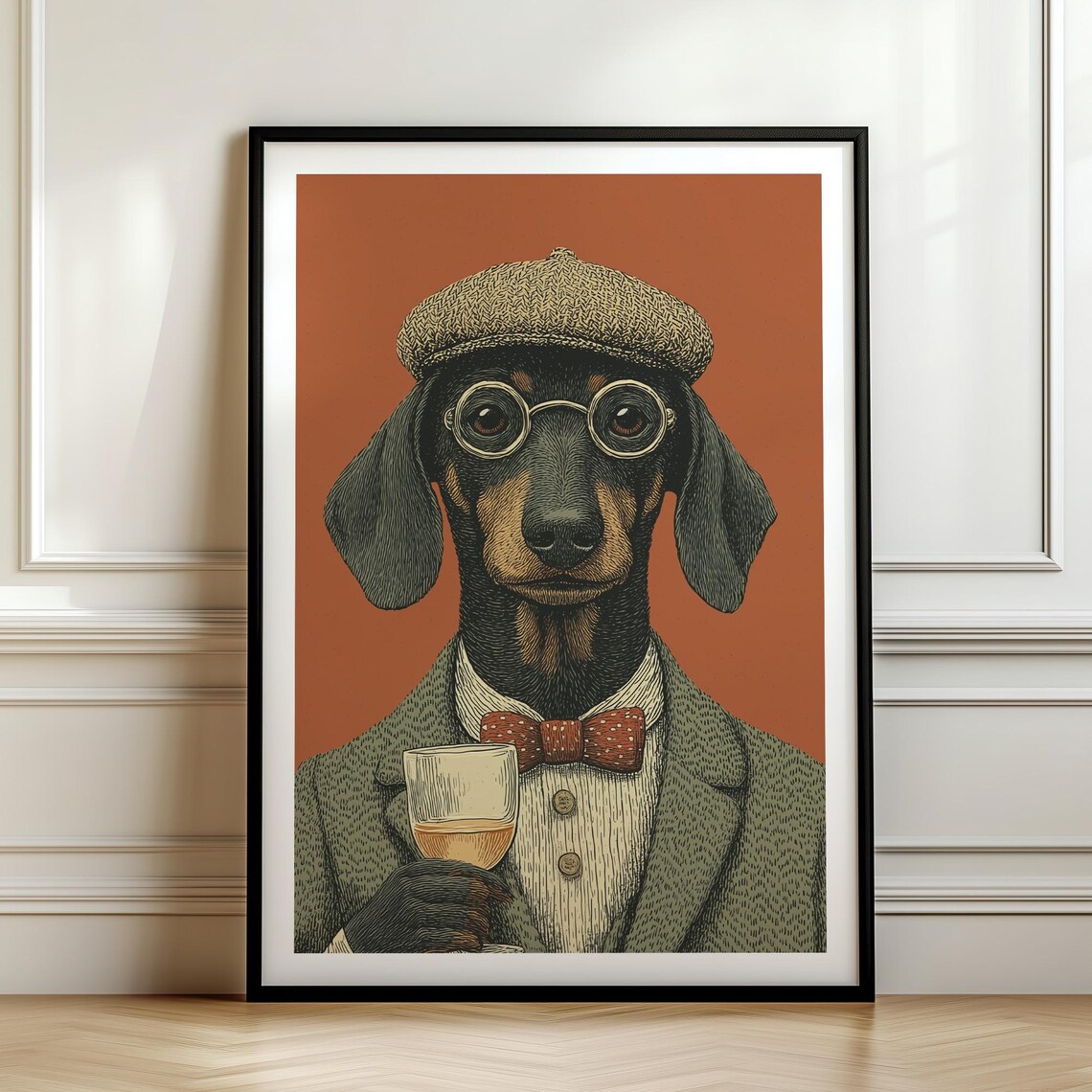 Dachshund Gentleman Tweed Suit Bow Tie and Glasses Dog Poster
