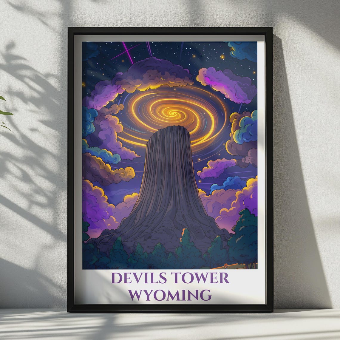 Devils Tower Wyoming Poster Night Sky Cosmic Art Print Purple Galaxy Wall Decor