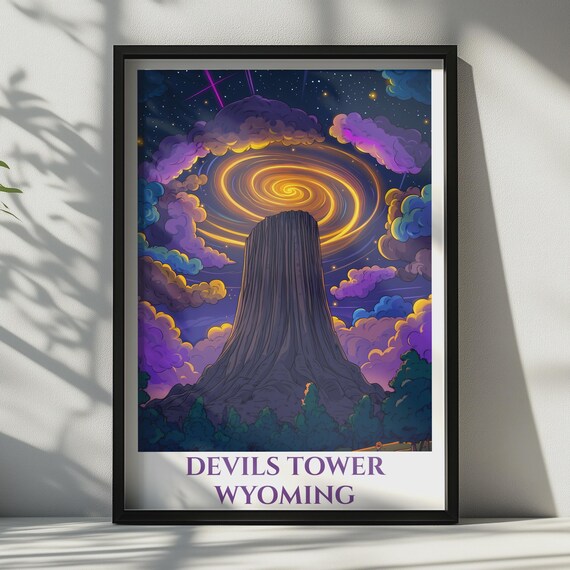 Devils Tower Wyoming Poster Night Sky Cosmic Art Print Purple Galaxy Wall Decor