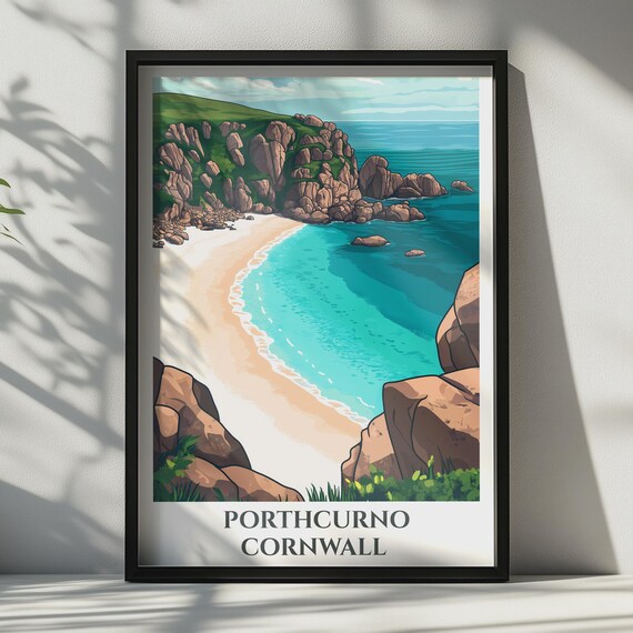 Porthcurno Cornwall Travel Poster Coastal Beach Wall Art Retro Uk Print