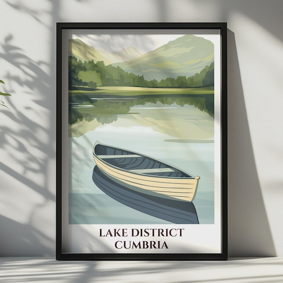 Lake District Print Cumbria Travel Poster Rowing Boat Wall Art England Gift
