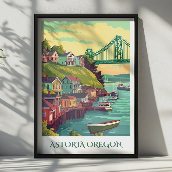 Astoria Oregon Waterfront Bridge Colorful Houses Vintage Travel Poster