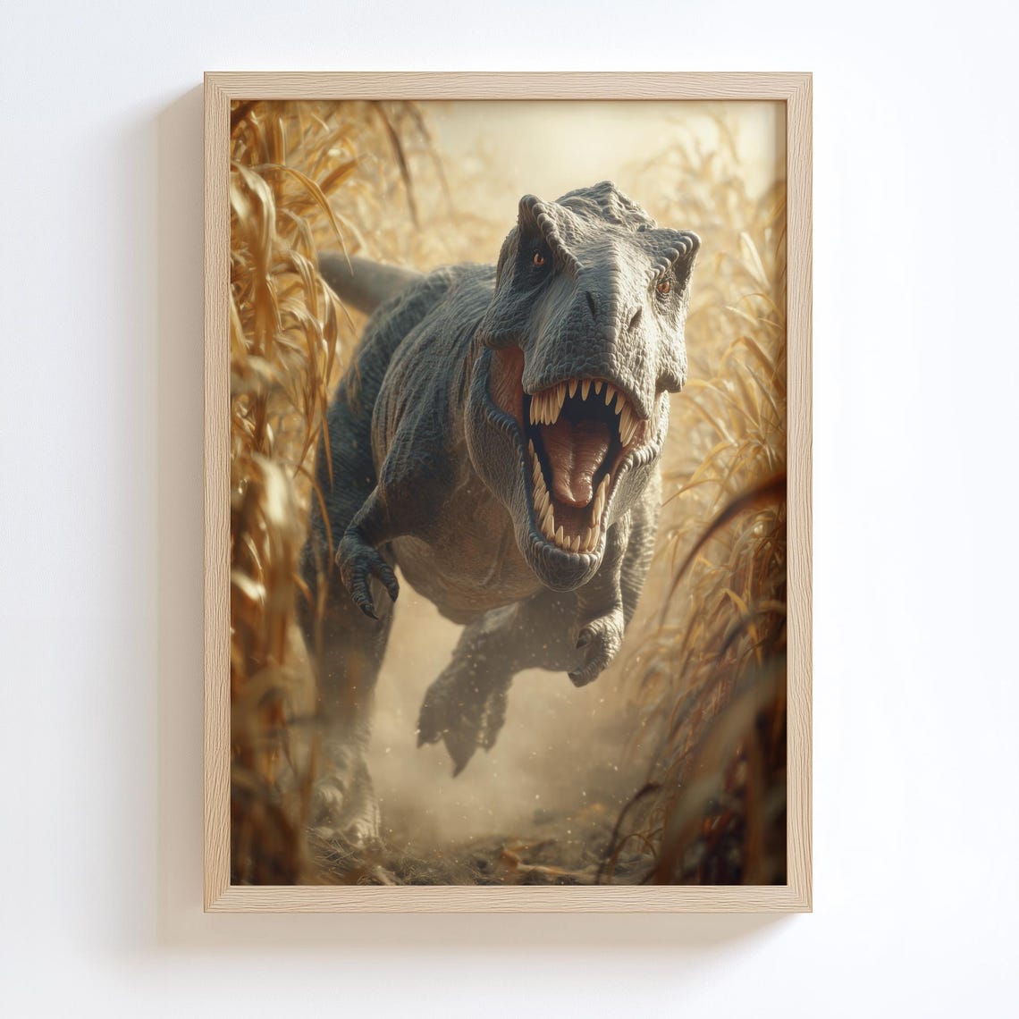 T Rex Charging Through A Golden Jungle In Dramatic Light Poster