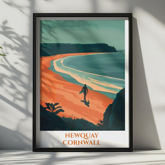 Newquay Cornwall Surf Print Beach Travel Poster Vintage Style Coastal Wall Art