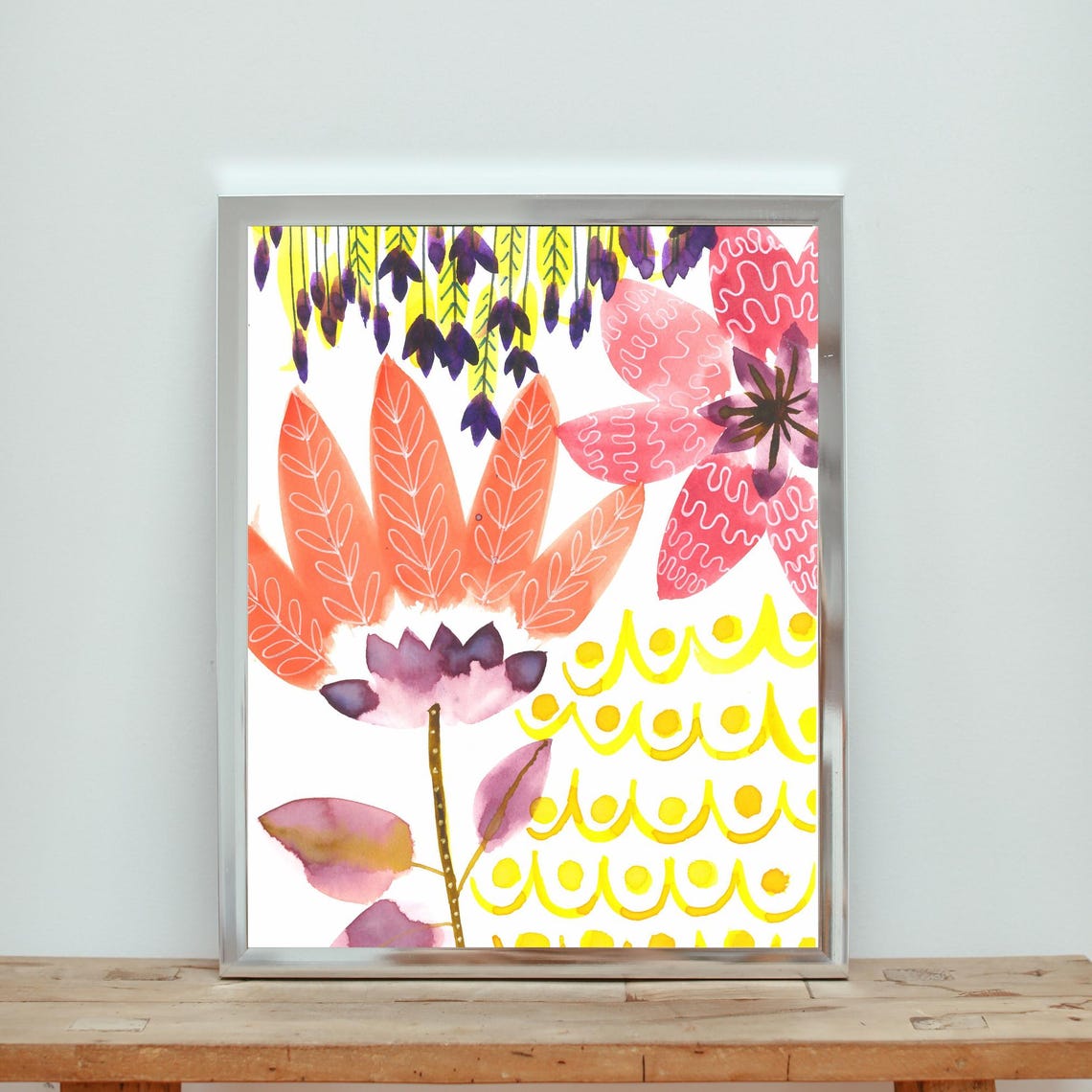 Bright Coral and Purple Whimsical Floral Pattern Cheerful Art Poster