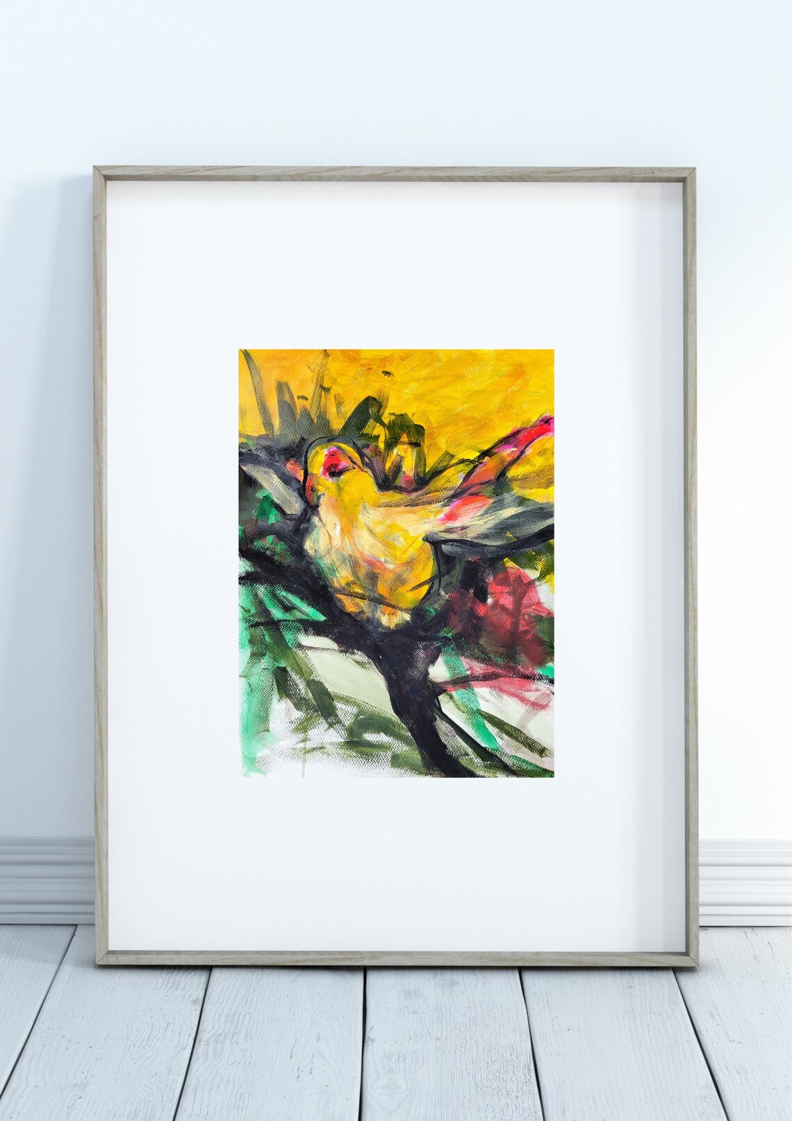 Vibrant Yellow Songbird Expressive Colorful Bird Painting Poster - Image 2