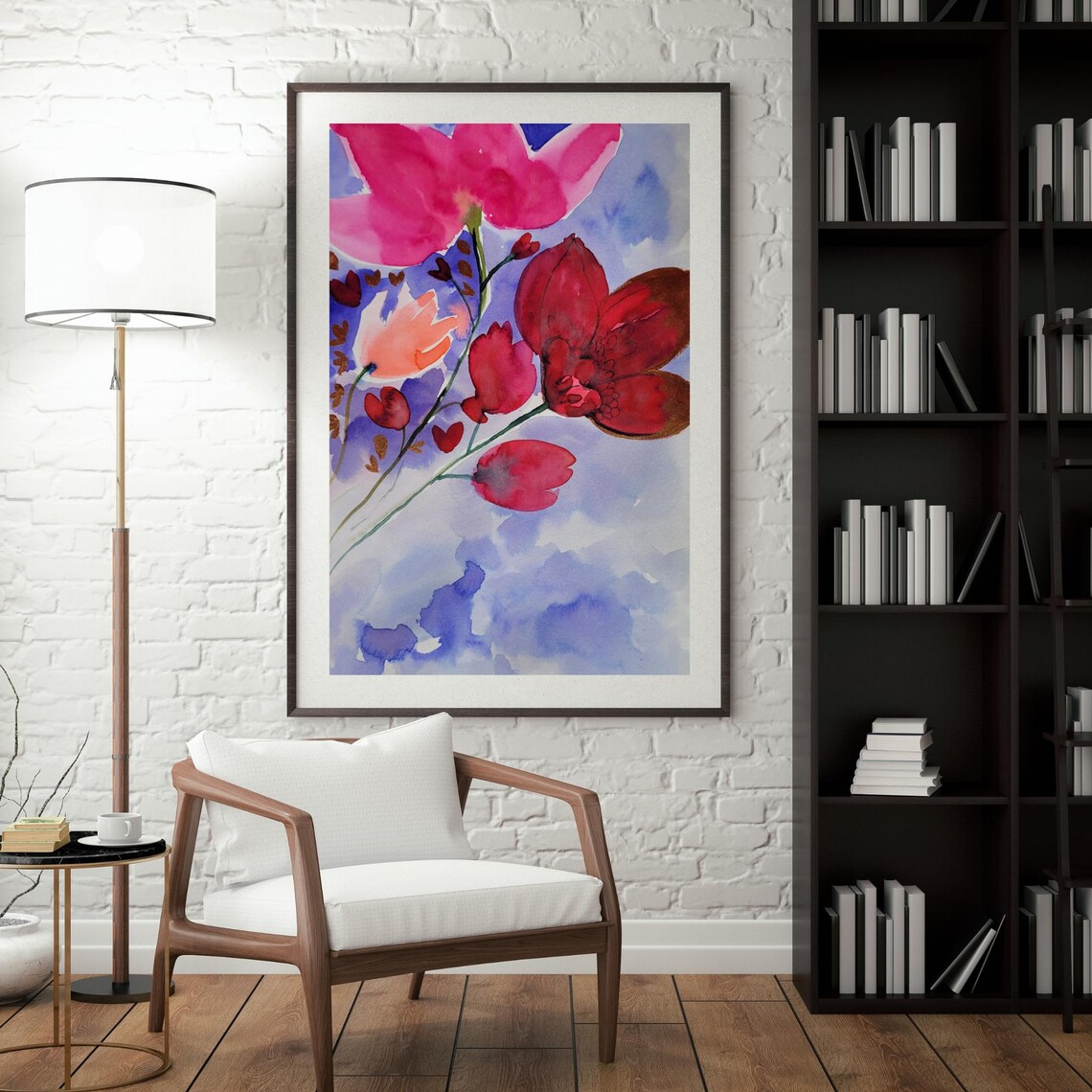 Delicate Pink Poppy Watercolor On Flowing Blue Wash Art Poster - Image 2