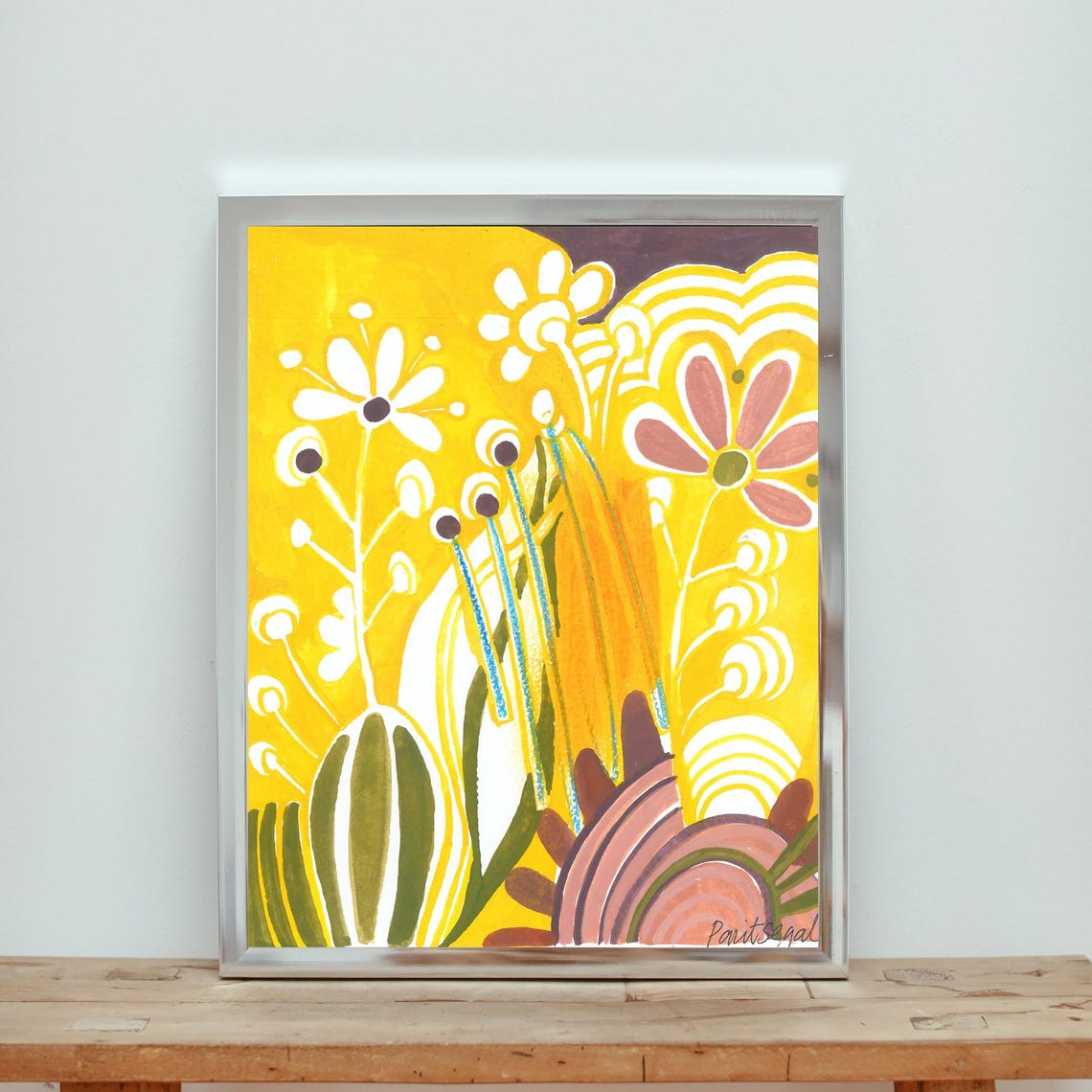 Cheerful Golden Yellow Retro Meadow Wildflowers Decor Poster