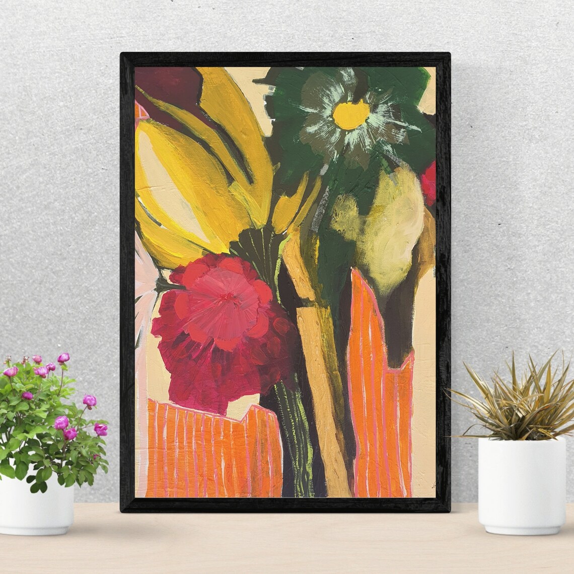 Bold Yellow Tulips And Red Poppy Modern Floral Art Wall Poster