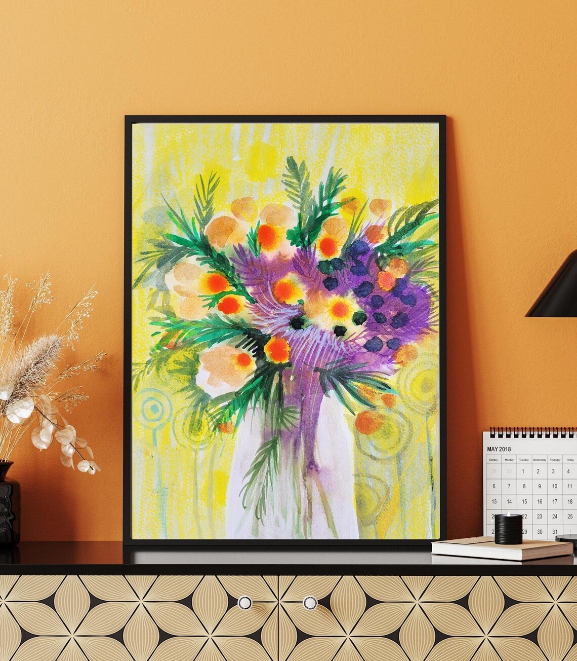 Sunshine Yellow Bouquet Purple Flowers Floral Watercolor Poster