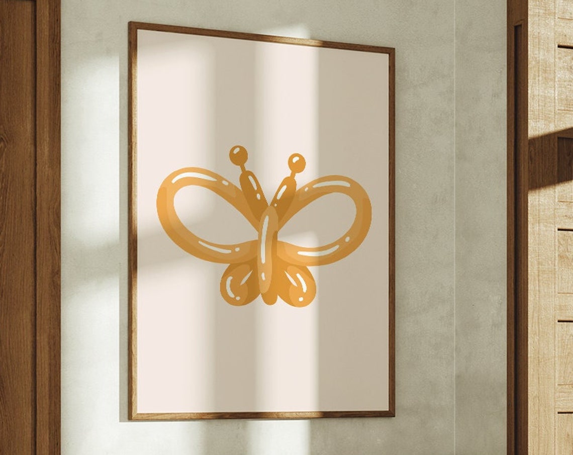 Orange Balloon Butterfly Pop Art Minimalist Cream Wall Poster