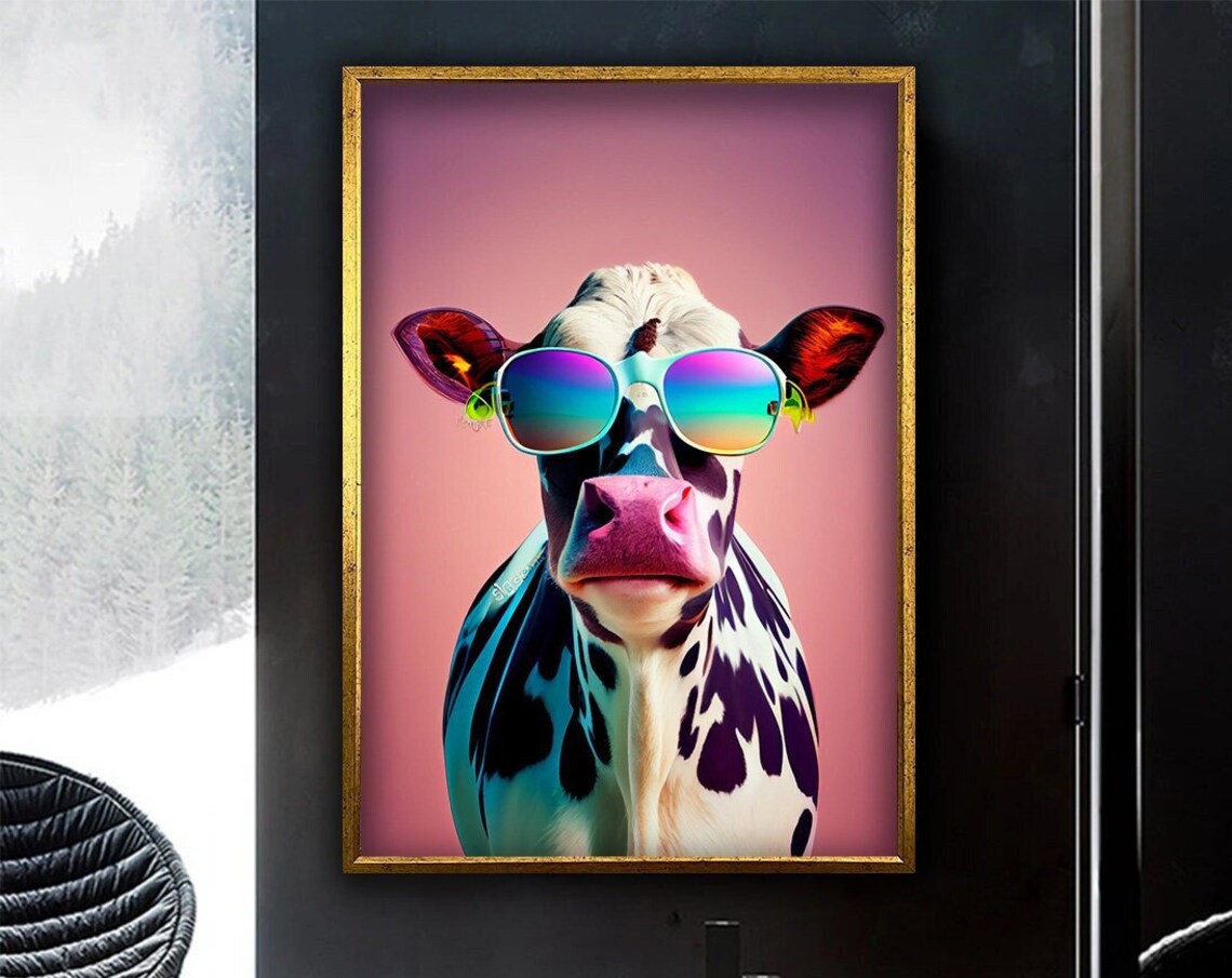 Funny Cow Wearing Rainbow Sunglasses Pop Art Pink Background Poster