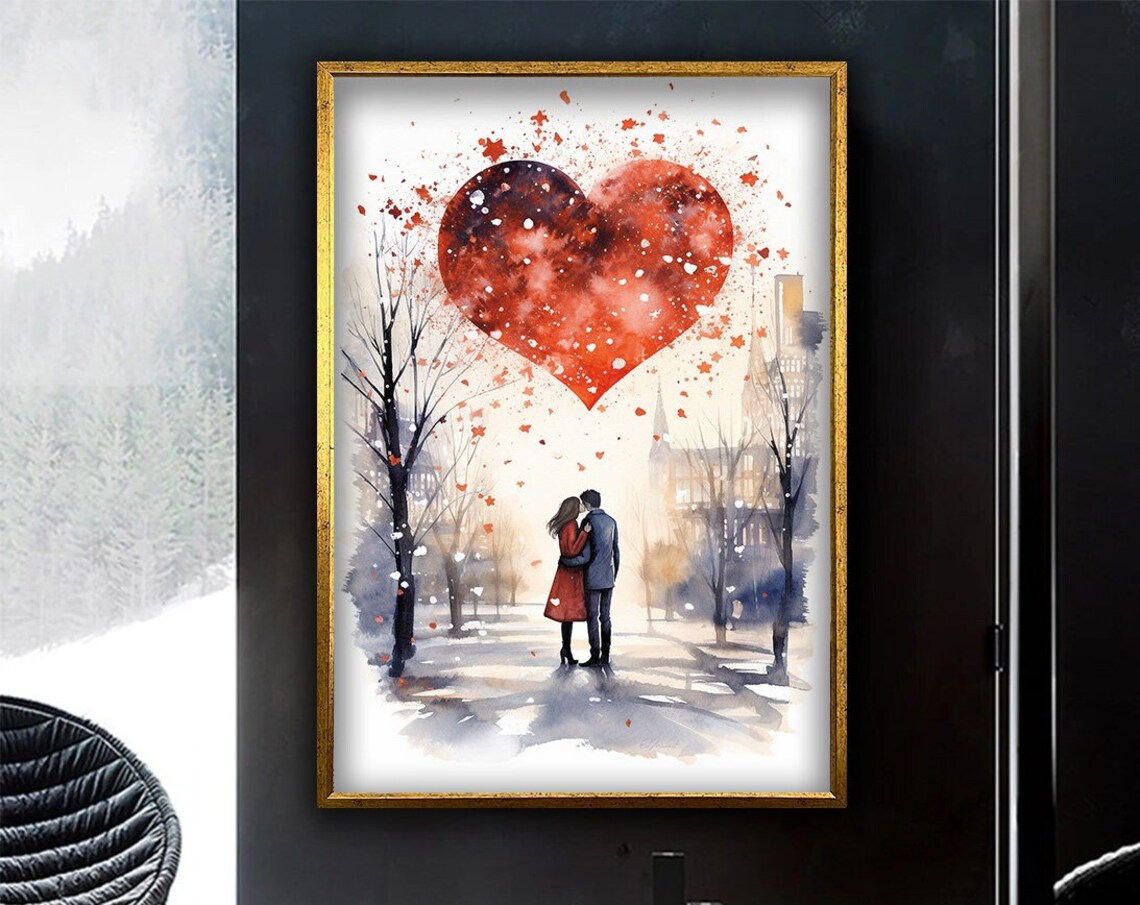 Romantic Couple Big Red Heart Watercolor Valentine Love Wall Poster