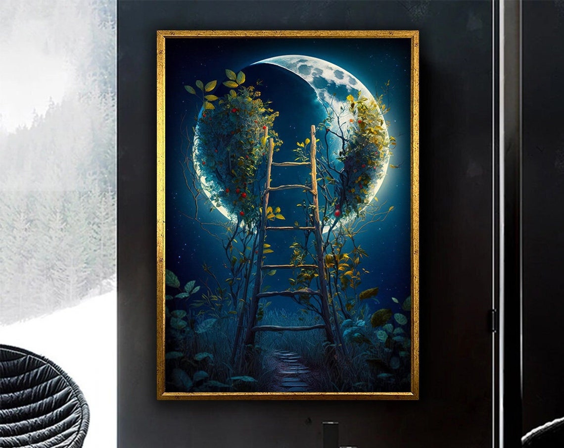 Ladder Reaching To The Moon Night Sky Vines Dreamlike Fantasy Poster