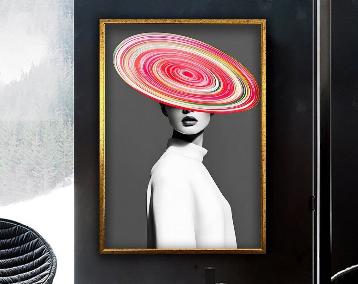 Fashion Woman With Colorful Spiral Rainbow Hat Black White Chic Poster