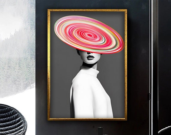 Modern Woman With Rainbow Hat Wall Decoration Modern Woman Painting Abstract Black And White Art Art Ready To Hang