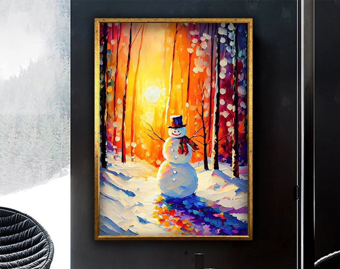 Cheerful Snowman In Snowy Forest Golden Sunset Winter Painting Poster