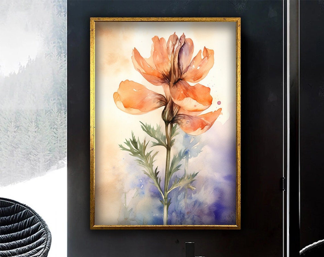 Delicate Orange Poppy Flower Watercolor Botanical Painting Wall Art
