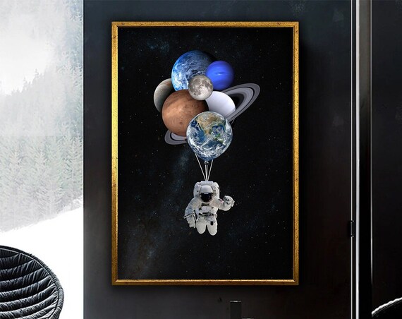 Astronaut Holding Planet Balloons Painting Space Fantasy Art Wall Poster