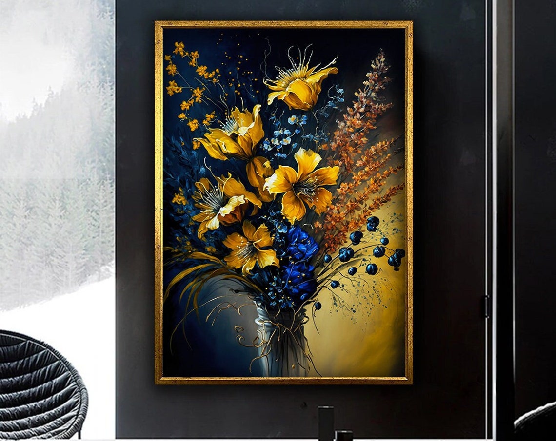Gold And Blue Floral Bouquet In Vase Luxury Still Life Wall Art