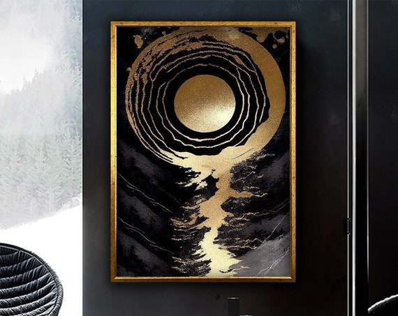 Gold And Black Background Modern Design Wall Decor Living Room Canvases Golden Moon And Valley Design Ready To Hang Framed