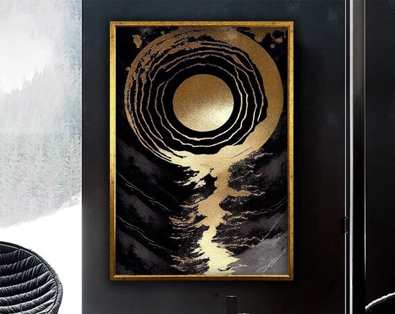 Golden Full Moon Over Black Marble Abstract Golden River Wall Art