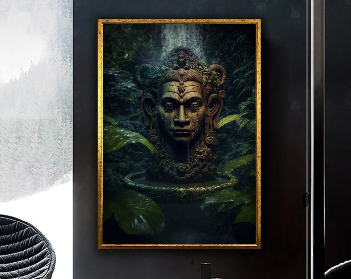 Ancient Mossy Stone Temple Statue Head Jungle Waterfall Mystic Poster