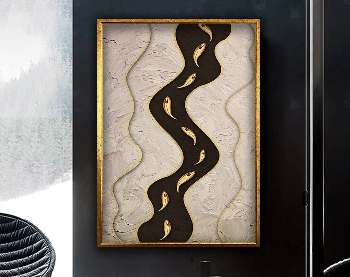 Abstract Design River And Fishes Original Design Print Wall Decor Ready To Hang Print Canvases Framed Gift