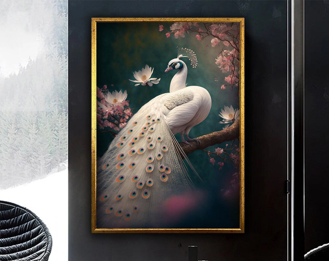 White Peacock On Blossom Tree Elegant Bird Painting Floral Wall Poster