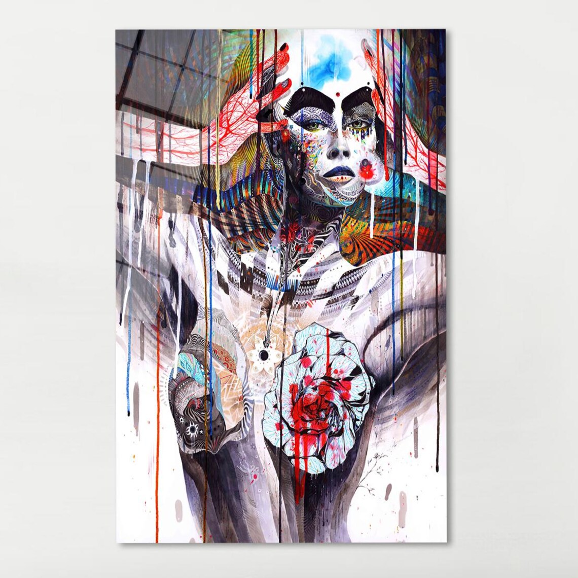 Colorful Abstract Woman Portrait Paint Drip Rose Face Art Poster