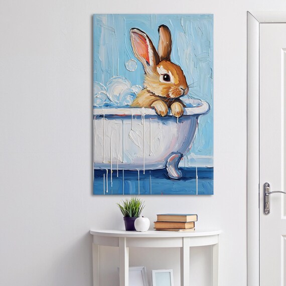 Bunny in Bathtub Bubble Bath Cute Blue Bathroom Nursery Poster